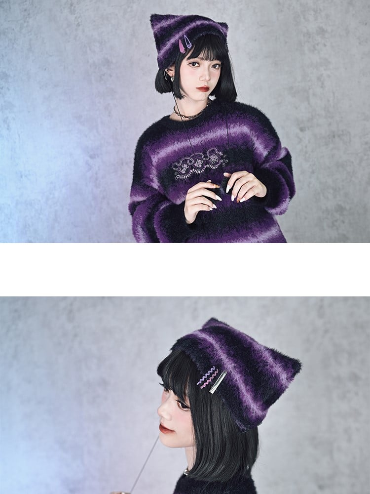 Pom-Poms Cat Gradient Stripes Purple Cheongsam Mink Beanie with Faux Ear Gothic