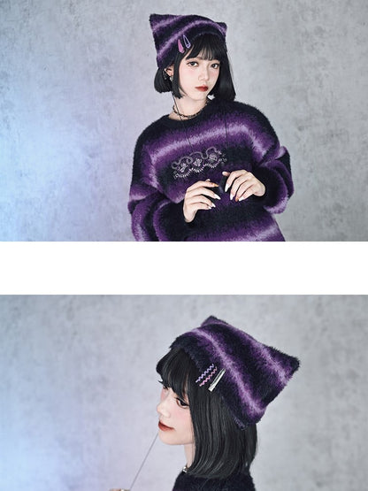 Pom-Poms Cat Gradient Stripes Purple Cheongsam Mink Beanie with Faux Ear Gothic