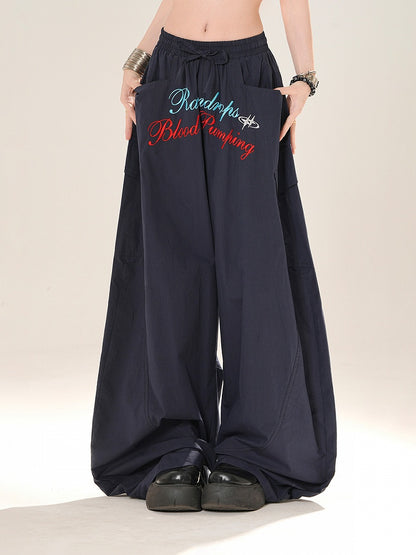 Navy Blue Drawstring Waist Letter Embroidery Wide-leg Casual Pants