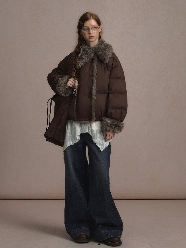 Beige/Brown Short Puffer Jacket with Faux Fur Trim and White Duck Down Filling