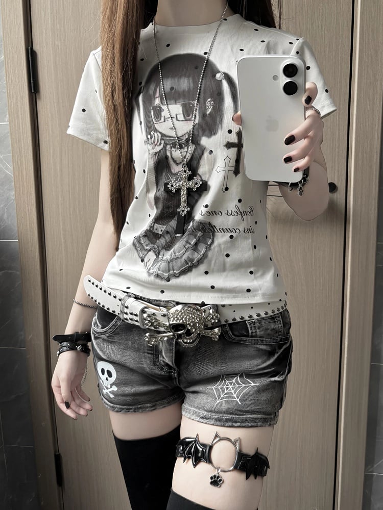 Polka T-Shirt Cartoon / with Print and Gray Cross White Dots