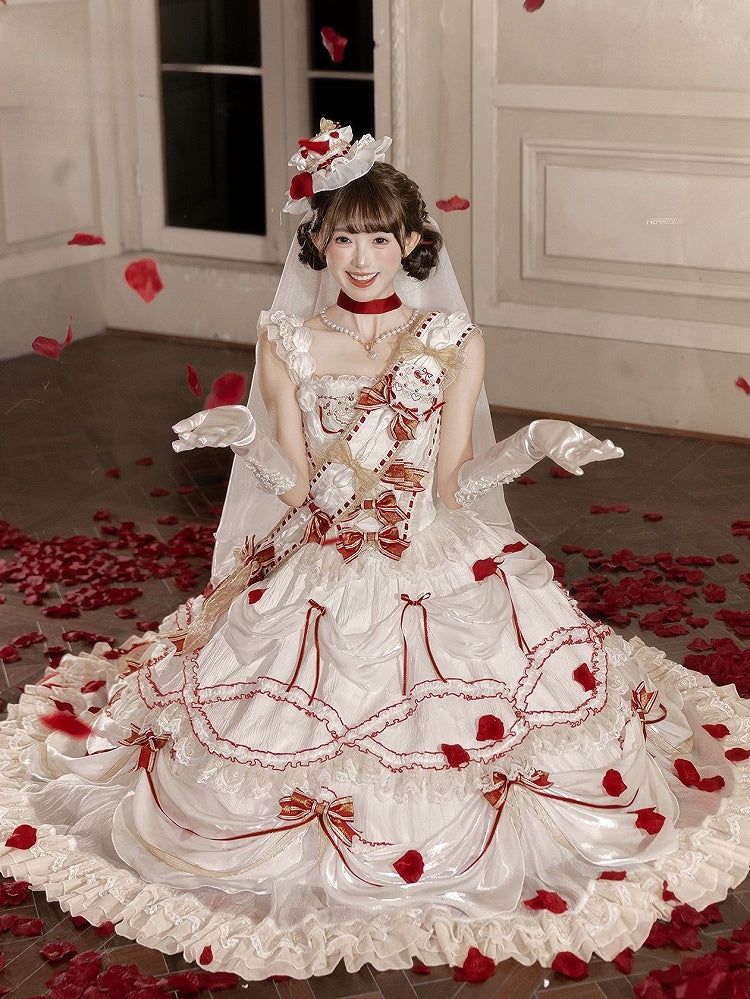 Cake Dress Lolita Embroidered Red White Cherry Hime with Bows Ruffled Multi-Layered