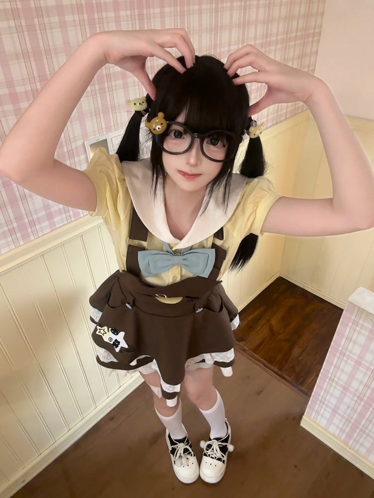 Brown Overall and with Dress Trim Lace Embroidery Bear