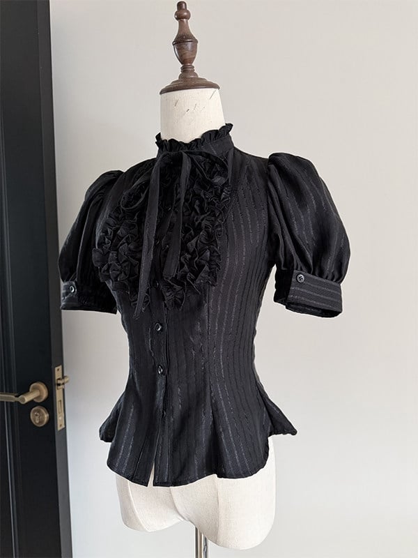 Black Ruffle Short Puff Sleeve Striped Lolita Blouse - Flower Fairy Daily