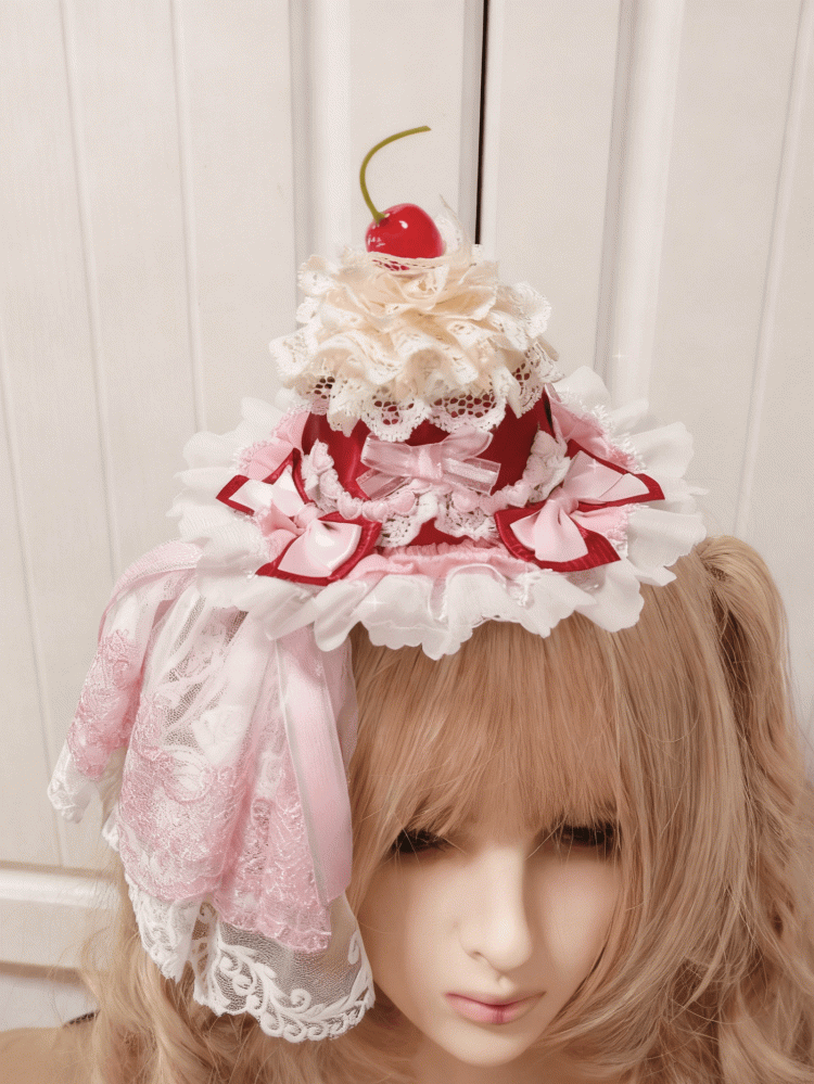 Voilette rose mini dentelle cerise Lolita avec chapeau gâteau rouge