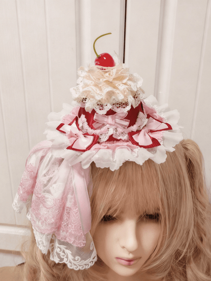 Pink Mini Lace Veil Cherry Lolita with Hat Red Cake