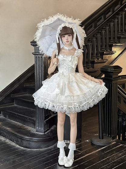 Bow Ruffled Details Lace Embossed Lolita Sweet with Only JSK Jacquard Dress / Princess + White Train
