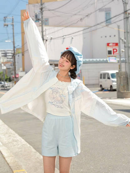 日焼け防止ジャケット 裾フード 猫耳 ブルーカラーブロックデザイン ドローストリングデザイン