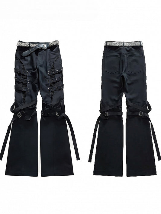Black Batik Distressed Flared Jeans with Strap Accents - Nova nexus