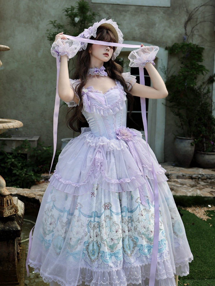 Purple Lily Print Lolita JSK Gown with Tulle Overlay and Back Bow Set - White Sugar Girl