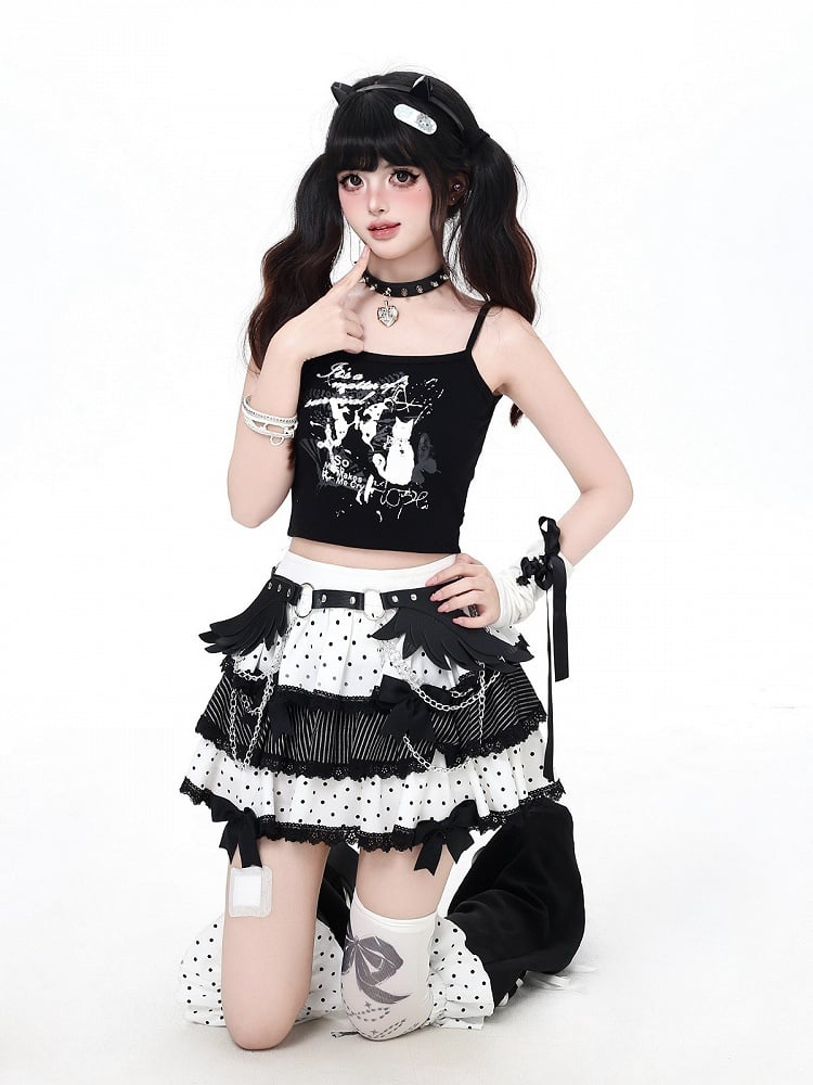 White Polka Dot Tiered Skirt with Bow & Lace & Leg Warmers - CRAZY GIRL