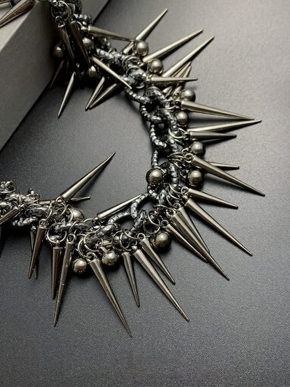 Silver Punk Spiked Chain Necklace with Round Beads - YSHXS