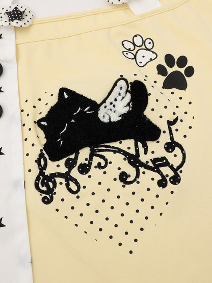Halter Top with Kitten Embroidery & Polka Dots, Yellow, Short Sleeve - Languid Park