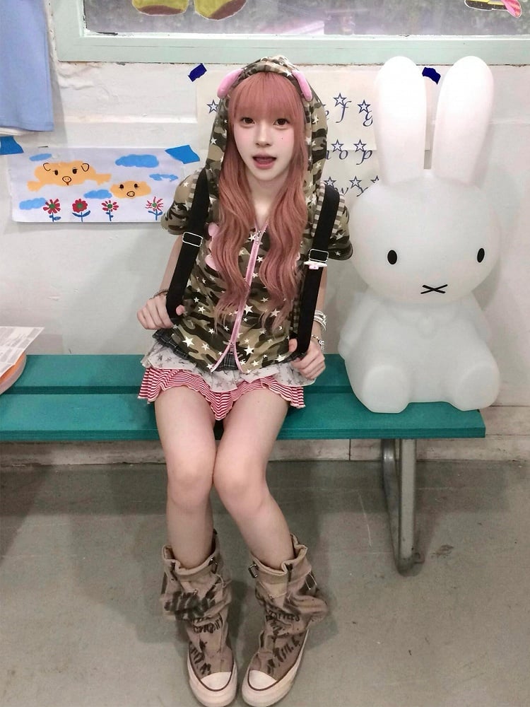 Bear Zip-Up Subculture with Ears Hood Camouflage T-shirt