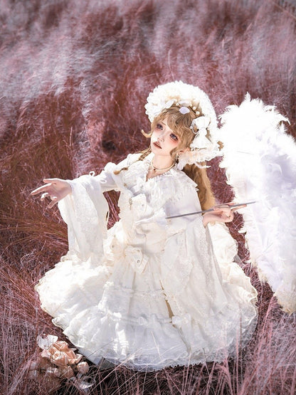 白のレイヤードスカート 白花嫁ドレス スウィート姫 ロリータ ジャンパースカート 取り外し可能なリボン付き