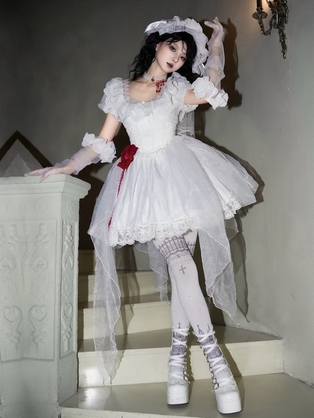Set Volles kurzes Kleid Goth High White Version OP Castle Print Taille Lolita