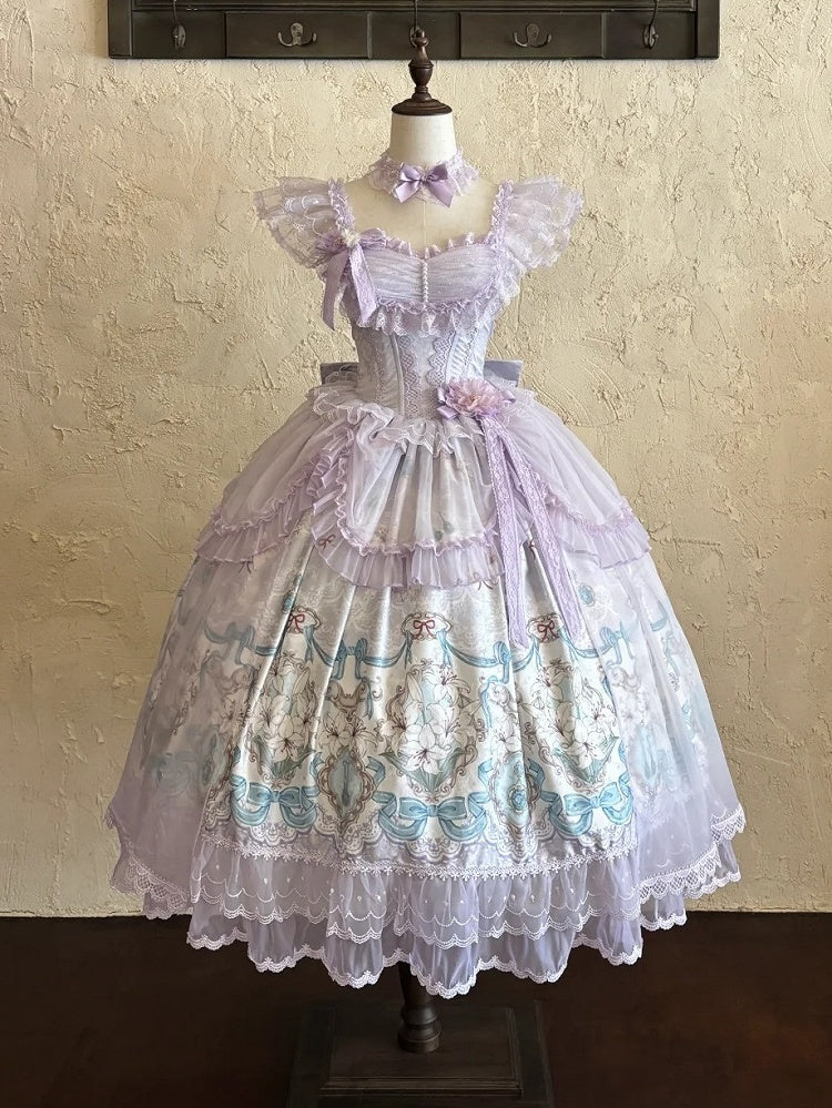 Purple Lily Print Lolita JSK Gown with Tulle Overlay and Back Bow Set - White Sugar Girl