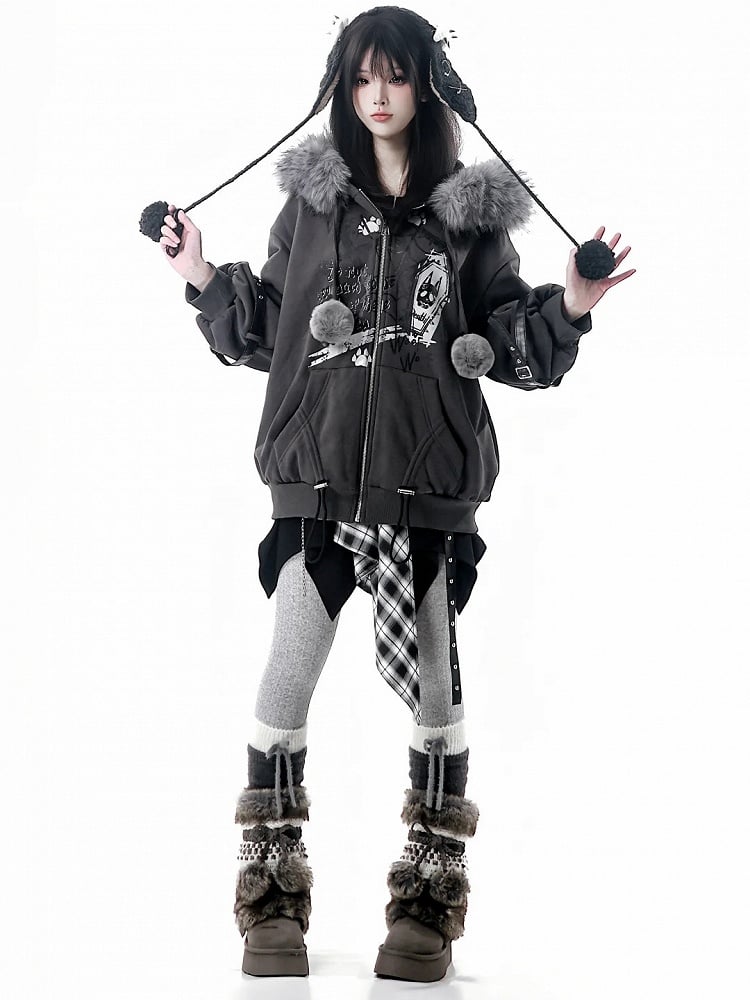 Trim Accents Hooded Grey Ear Spiderweb Hood Prints Plush Jacket with - Bittersweet Wolf