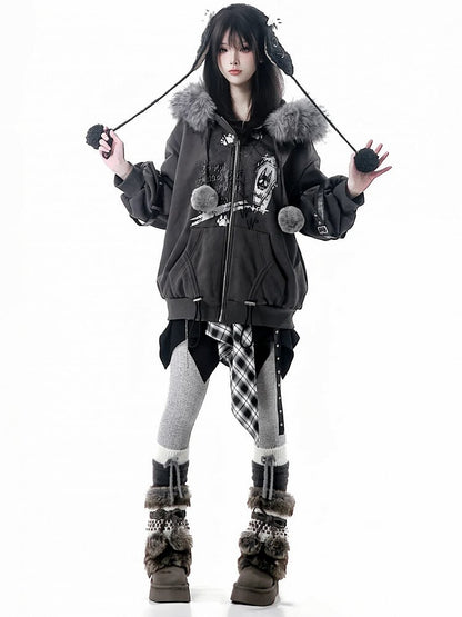 Trim Accents Hooded Grey Ear Spiderweb Hood Prints Plush Jacket with - Bittersweet Wolf