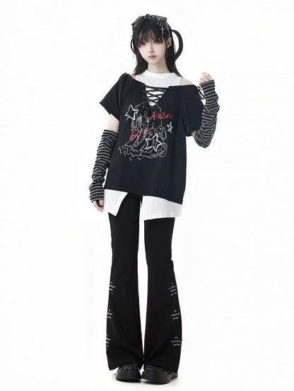 グラフィックTシャツ ネックライン フェイクツーピース グリーン/ブラック カットアウトショルダー レースアップ