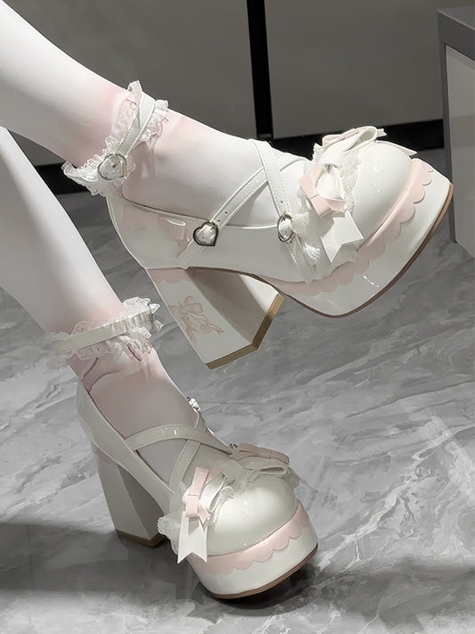 - Design Platform Shoes Crisscross Round High-heel White Toe