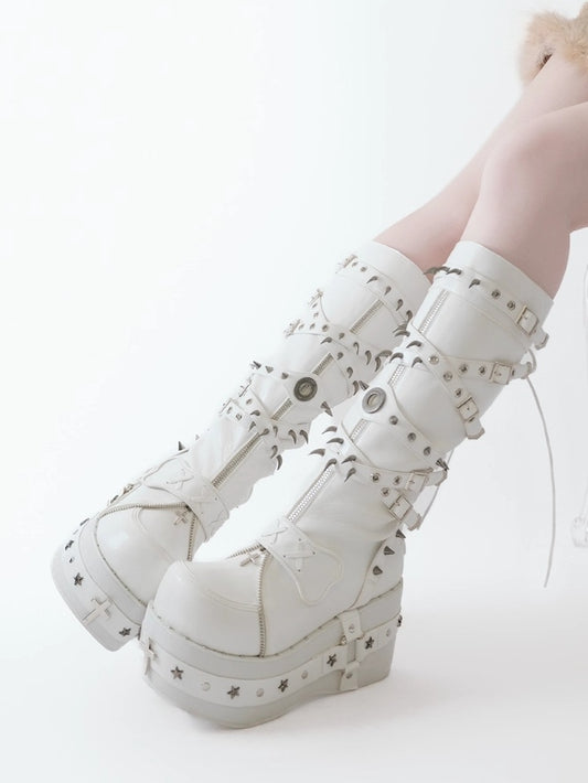 Platform Knee-Length Sole Accents Cross - White Punk with Boots