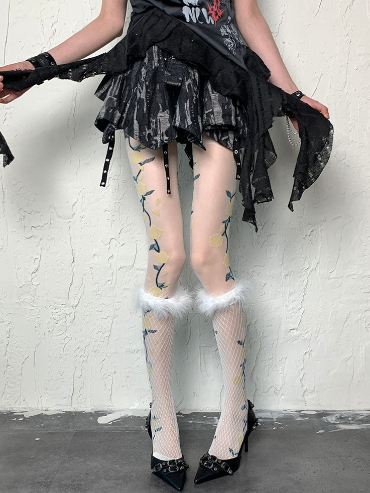 Stockings Fishnet Design Decorated Y2K Underknee Feather White