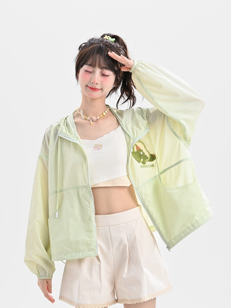 ジャケット 日焼け止め フード付き ゆめかわいい ライトグリーン アボカドアップリケ
