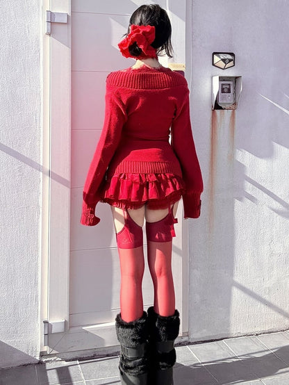 Gothic Red Crochet Crosses Lace Accents V-neck Slim-fit Sweater