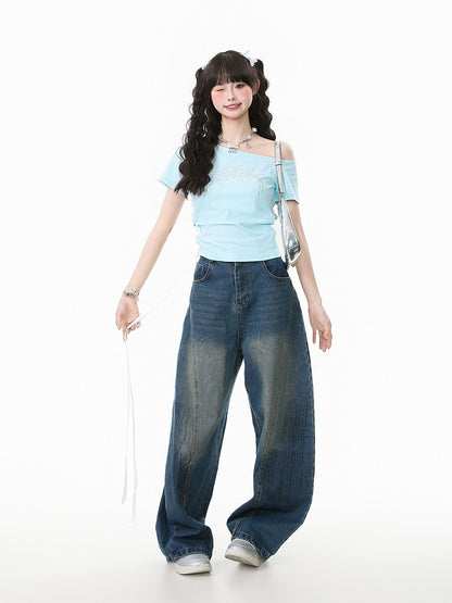 One-Shoulder Lace-Up Short Sleeve T-Shirt with Rhinestone Letter Embellishment Blue/White/Black