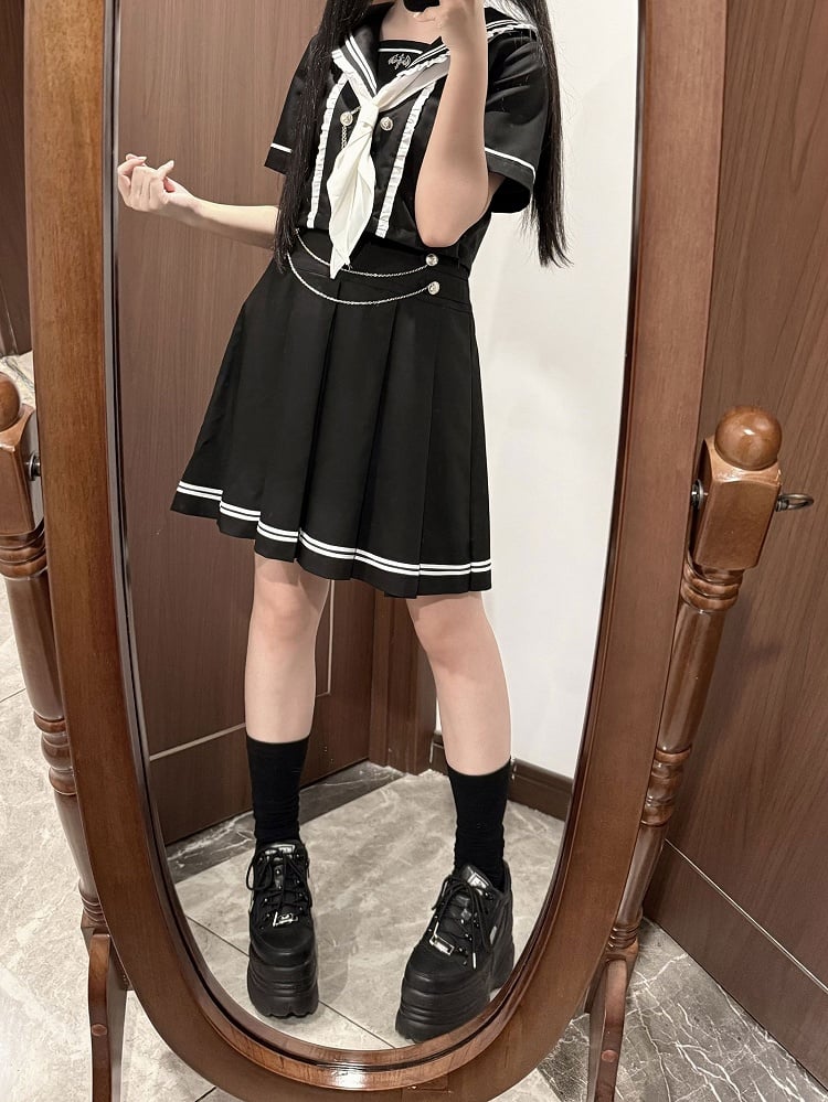 Sleeves Short Pleated Black Navycore JK Top Skirt Sailor Set- + Collar Uniform