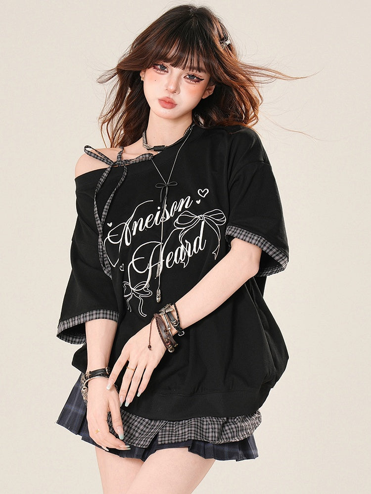 Musterträger Bittersweet Selbstbinden Kariertes T-Shirt Schwarz Asymmetrischer Ausschnitt