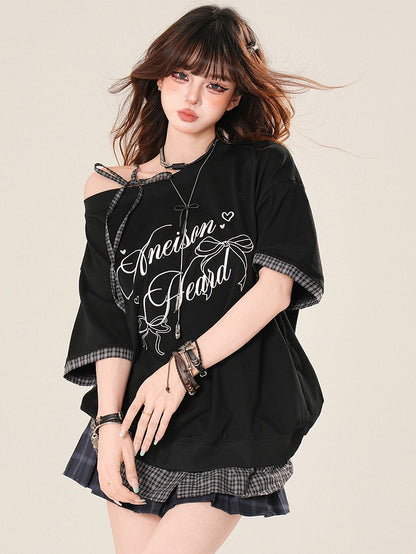 Musterträger Bittersweet Selbstbinden Kariertes T-Shirt Schwarz Asymmetrischer Ausschnitt