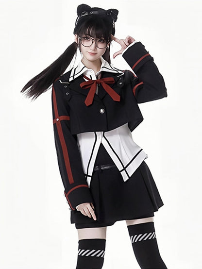 Cropped Buckle Straps Black Brazer Collar Notched