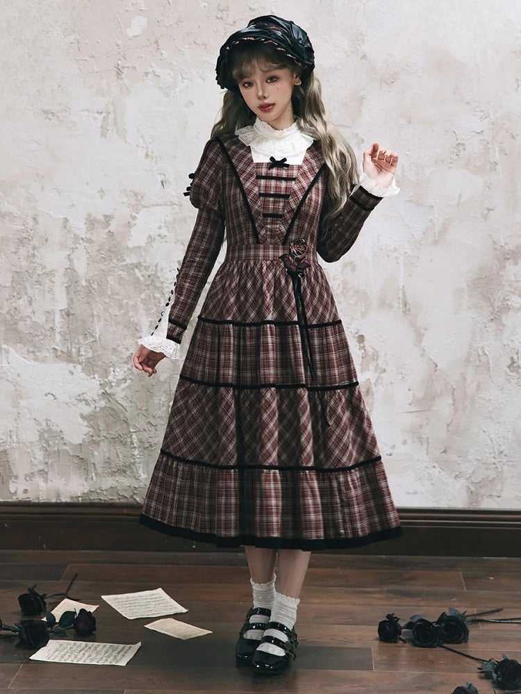 Neckline with Lace Black Long Classic Plaid Sleeves Lolita Dress Elegant Red and Piping
