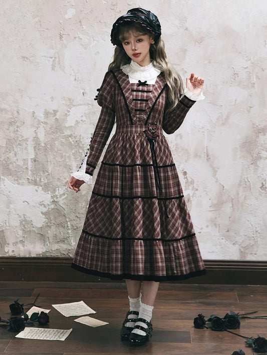 Neckline with Lace Black Long Classic Plaid Sleeves Lolita Dress Elegant Red and Piping