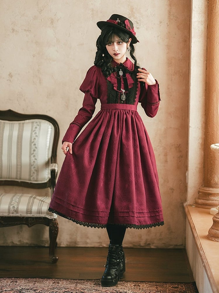 Juliette Red Dress Sleeves Pattern Spider Lace Trim and Black with Gothic Lolita Web