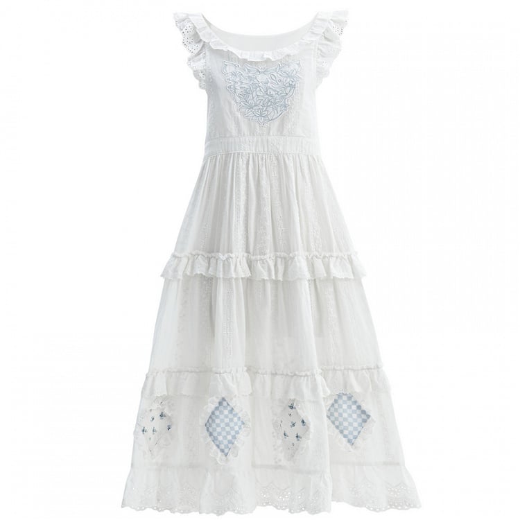 Weiße Flatterärmel Spitzenrock Patch Blaue Borte Cutton Stickerei Plaid Tiered Overdress