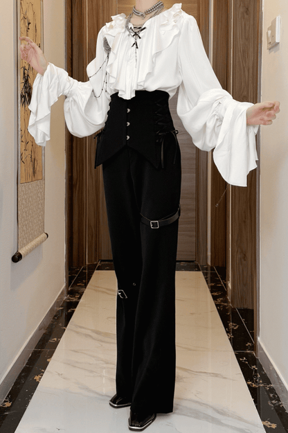 Ivory Cascading Ruffle Shirt with Gray Floral Chains - Shi Zhi Mao