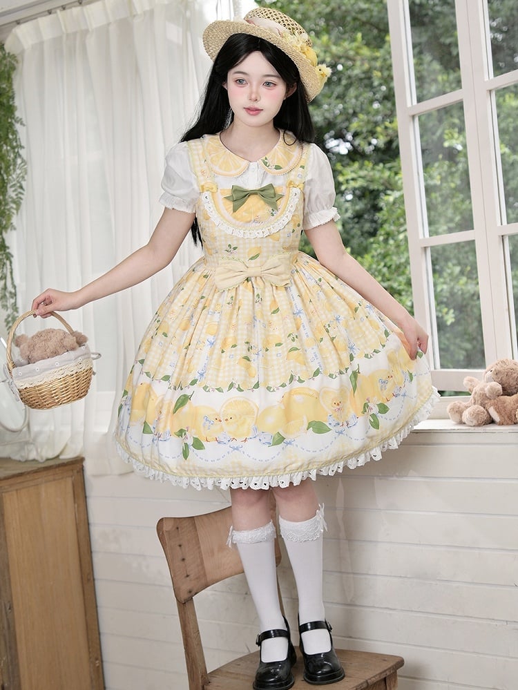 Chick Yellow Print Lemon Dress and Sweet Lolita High Waist Gingham