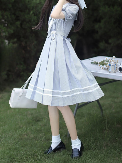 Weiß Gestreiften und Kleid Sommer Ärmeln Taille Puff Blau Gürtel mit