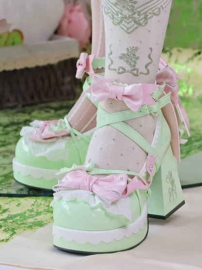 Bows with Striped Janes Lolita Heel Green Crisscross 8cm High Mary Light Block Design
