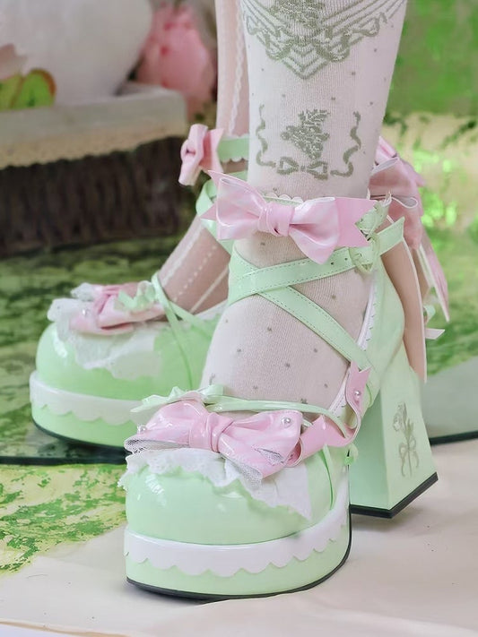 Bows with Striped Janes Lolita Heel Green Crisscross 8cm High Mary Light Block Design