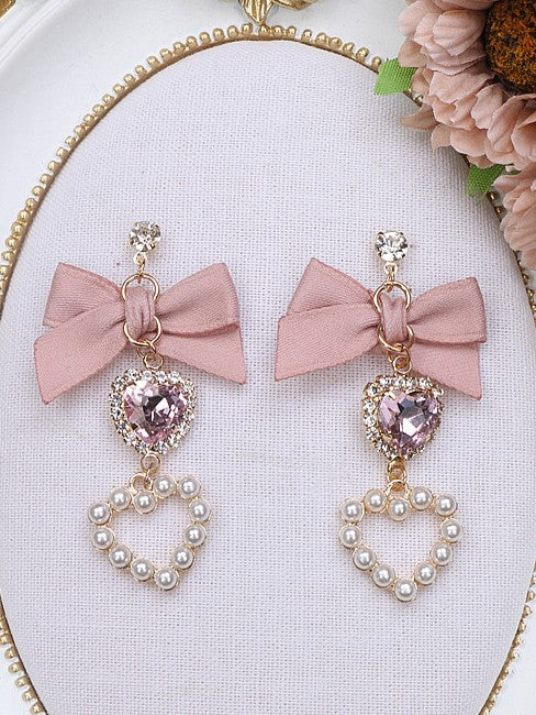 Kei Jirai Earrings Heart Rhinestone Bowknot