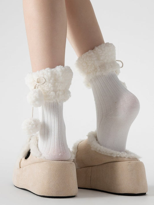 Colors Pom-Pom Decoration Fleece Socks Cotton 7 Trim with