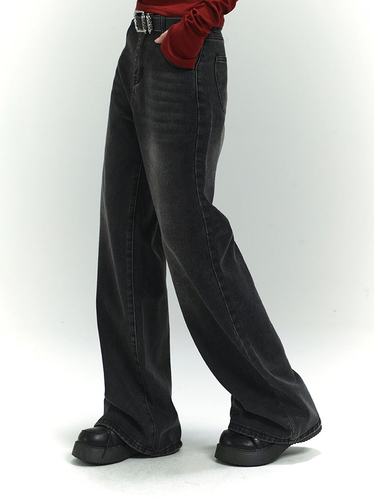 Dunkelgraue, verblasste Vintage-Jeans mit weitem Bein
