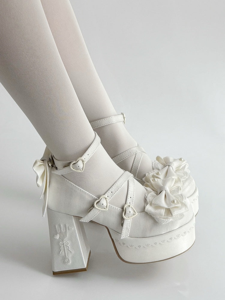 Block Fork Platform High Heels Lolita Lace Embroidery Bowknot White