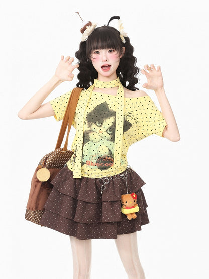 Yellow Kitten Polka Dot Tee with Scarf - Languid Park