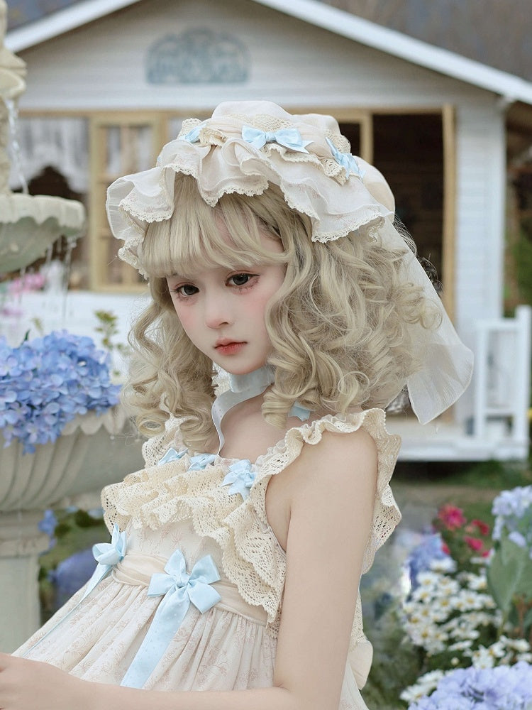 Ruffled Accents with Lolita Bow Apricot Hat Sweet Blue