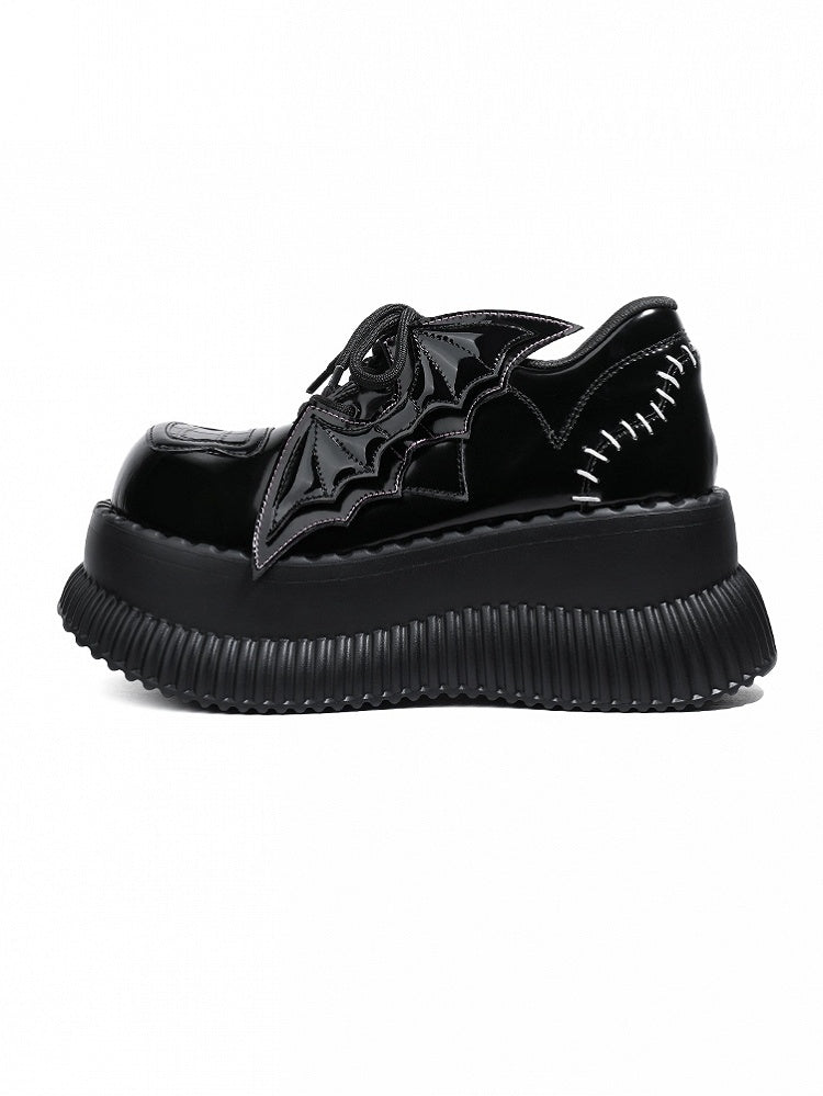 - Bat Wing Platform Details Back Lace-Up Design Accents Bittersweet Black Stitched Shoes with